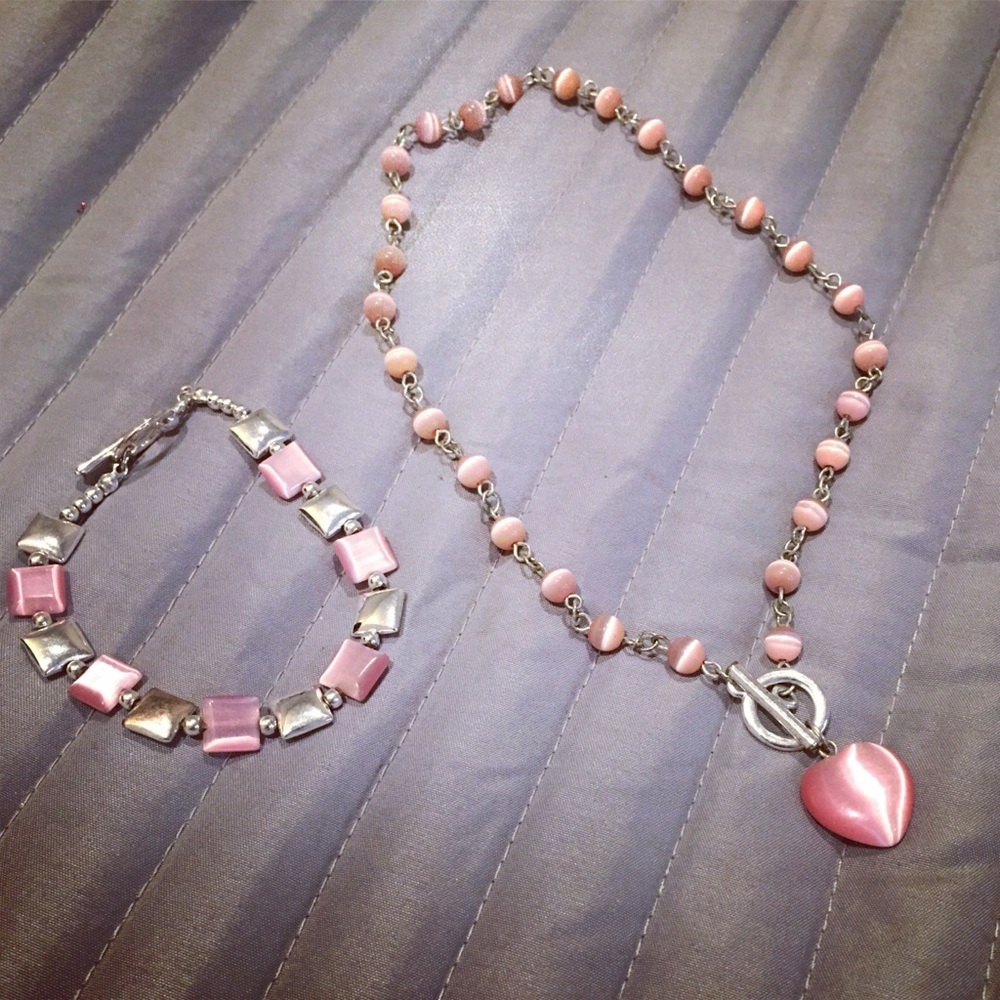 Silver and Pink Heart Shaped Necklace Set